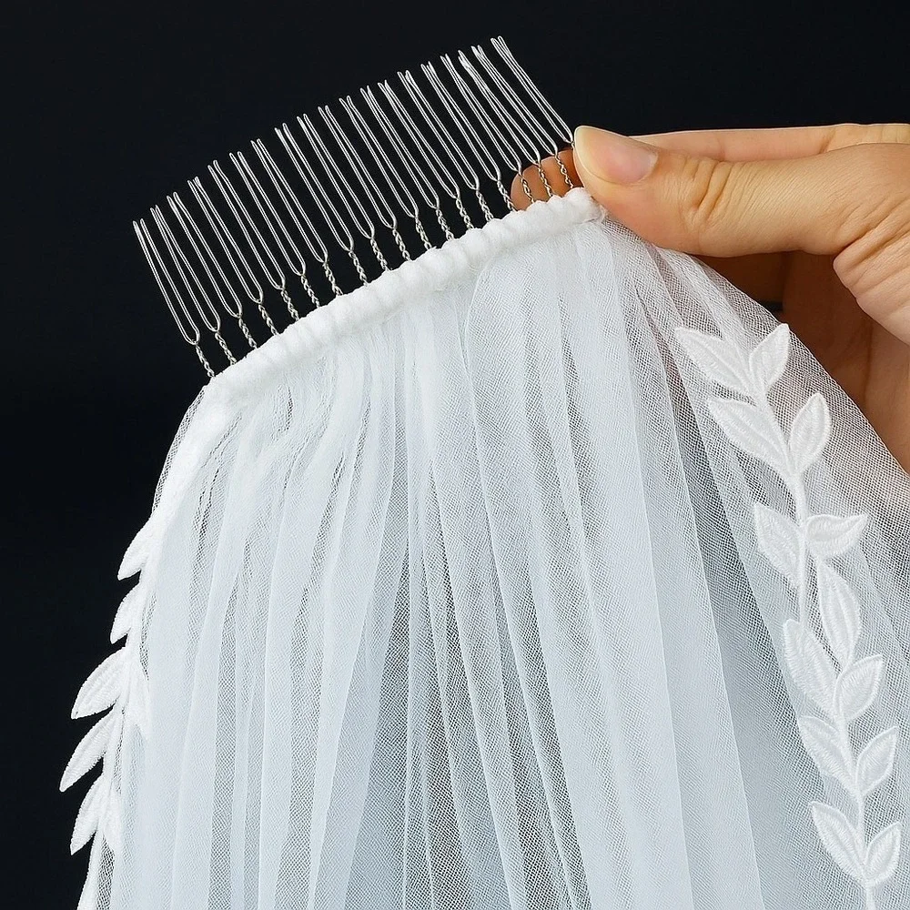 New Bright White Long Ivy Leaf Trim Bridal Veil Wedding Lace Floral Floor 78 in